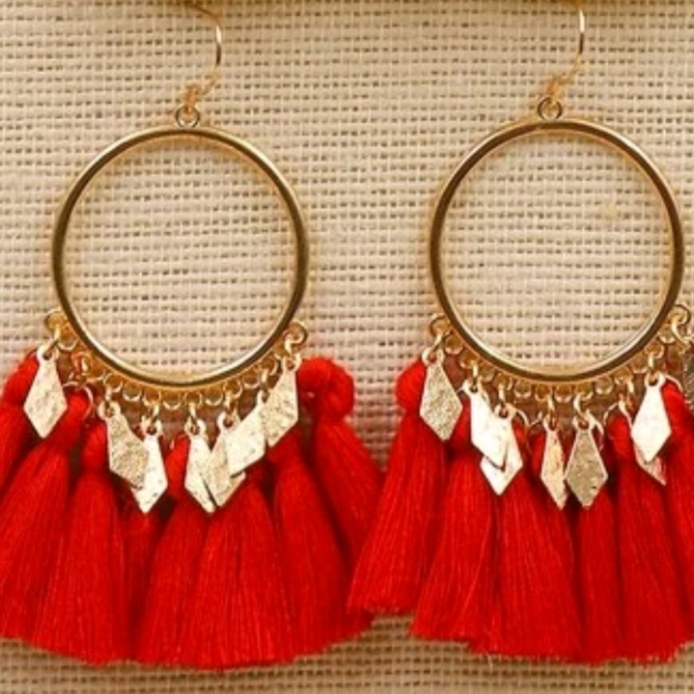 Red Tassel and Charm Earrings